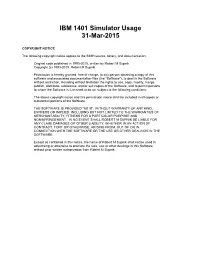 IBM 1401 Simulator Usage 31-Mar-2015