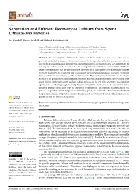 Separation and Efficient Recovery of Lithium from Spent Lithium-Ion