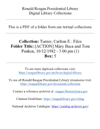 Collection: Turner, Carlton E.: Files Folder Title: [ACTION] Mary Baca and Tom Pauken, 10/12/1982 - 3:00 Pm (1) Box: 5
