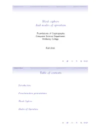 Block Ciphers and Modes of Operation Table of Contents