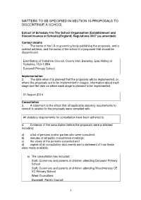 Matters to Be Specified in Section 15 Proposals to Discontinue a School