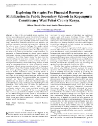 Exploring Strategies for Financial Resource Mobilization in Public Secondary Schools in Kapenguria Constituency West Pokot County Kenya