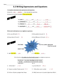 3.2 Writing Expressions and Equations