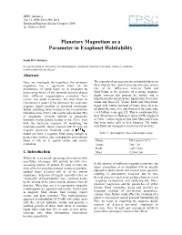 Planetary Magnetism As a Parameter in Exoplanet Habitability