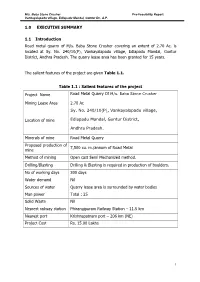 1.0 EXECUTIVE SUMMARY 1.1 Introduction Road Metal Quarry of M/S. Baba Stone Crusher Covering an Extent of 2.70 Ac. Is Located At