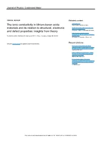 The Ionic Conductivity in Lithium-Boron Oxide Materials and Its Relation to Structural, Electronic and Defect Properties: Insights from Theory