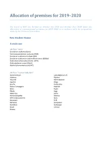 Allocation of Premises for 2019–2020