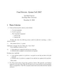 Final Review: Syntax Fall 2007
