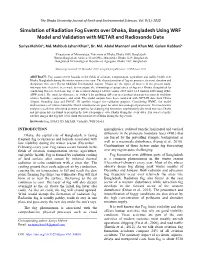 Simulation of Radiation Fog Events Over Dhaka, Bangladesh Using WRF Model and Validation with METAR and Radiosonde Data