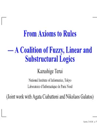 From Axioms to Rules — a Coalition of Fuzzy, Linear and Substructural Logics