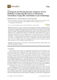 Geological and Thermodynamic Analysis of Low Enthalpy Geothermal Resources to Electricity Generation Using ORC and Kalina Cycle Technology