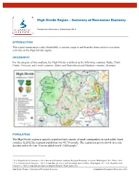 High Divide Region – Summary of Recreation Economy