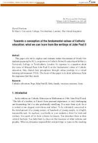Towards a Conception of the Fundamental Values of Catholic Education: What We Can Learn from the Writings of John Paul II