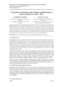 Performance Evaluation of the National Assembly Input in Nigeria’S Democracy 2007 – 2011