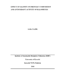 EFFECT of SALINITY on PHENOLIC COMPOSITION and ANTIOXIDANT ACTIVITY of HALOPHYTES SABA NAZIR Institute of Sustainable Halophyte