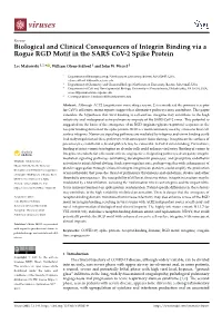 Biological and Clinical Consequences of Integrin Binding Via a Rogue RGD Motif in the SARS Cov-2 Spike Protein