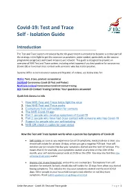 Covid-19: Test and Trace Self - Isolation Guide