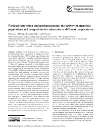 Wetland Restoration and Methanogenesis: the Activity of Microbial Populations and Competition for Substrates at Different Temperatures