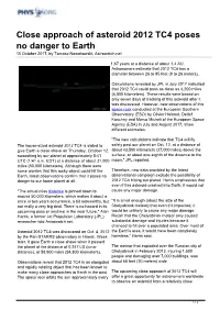 Close Approach of Asteroid 2012 TC4 Poses No Danger to Earth 10 October 2017, by Tomasz Nowakowski, Astrowatch.Net