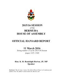 2015/16 Session Bermuda House of Assembly Official