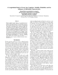 A Longitudinal Study of Great Ape Cognition: Stability, Reliability And