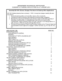 Department of Financial Institutions Summary of Pending Applications As of January 2013