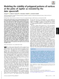 Modeling the Stability of Polygonal Patterns of Vortices at the Poles of Jupiter As Revealed by the Juno Spacecraft