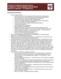 Radnor Township Recreation & Community Programming Department Monthly Report – October 2015