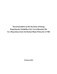 Recommendation by the Secretary of Energy Regarding the Suitability of the Yucca Mountain Site for a Repository Under the Nuclear Waste Policy Act of 1982