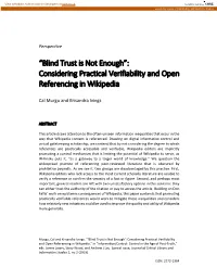 Blind Trust Is Not Enough”: Considering Practical Verifiability and Open Referencing in Wikipedia