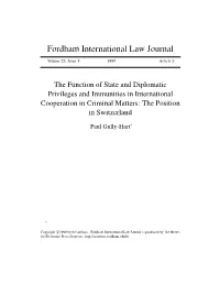 The Function of State and Diplomatic Privileges and Immunities in International Cooperation in Criminal Matters: the Position in Switzerland