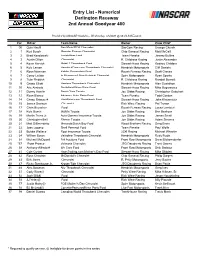 Entry List - Numerical Darlington Raceway 2Nd Annual Goodyear 400