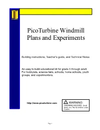 Picoturbine Windmill Plans and Experiments