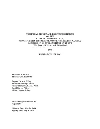 Technical Report and Resource Estimate on the Kombat Copper Project, Grootfontein District, Otjozondjupa Region, Namibia Latitud