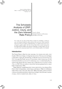 The Scholastic Analysis of ZIRP: Justice, Usury, and the Zero Interest Joseph A
