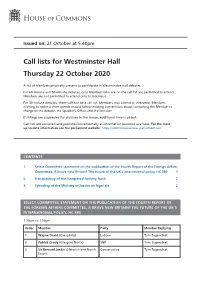Call List for Thu 22 Oct 2020