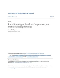 Racial Stereotypes, Broadcast Corporations, and the Business Judgment Rule Leonard M