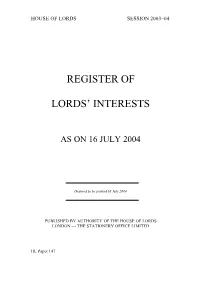 Register of Lords' Interests Session 2003-04