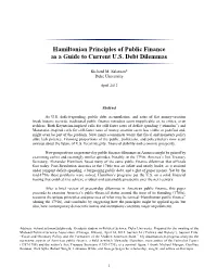 Hamiltonian Principles of Public Finance As a Guide to Current U.S. Debt Dilemmas