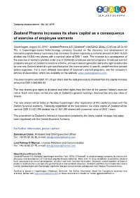 Zealand Pharma Increases Its Share Capital As a Consequence of Exercise of Employee Warrants