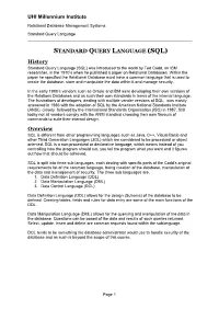 UHI Millennium Institute STANDARD QUERY LANGUAGE (SQL) History