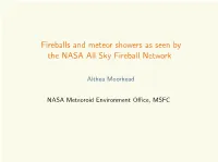 Fireballs and Meteor Showers As Seen by the NASA All Sky Fireball Network
