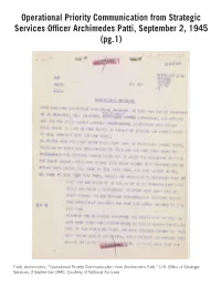 Operational Priority Communication from Strategic Services Officer Archimedes Patti, September 2, 1945 (Pg.1)