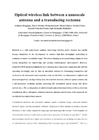 Optical Wireless Link Between a Nanoscale Antenna and a Transducing Rectenna