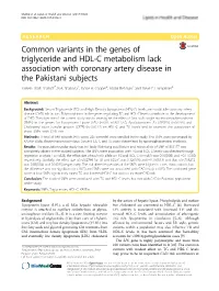 Common Variants in the Genes of Triglyceride and HDL-C Metabolism Lack Association with Coronary Artery Disease in the Pakistani Subjects Saleem Ullah Shahid1*, N.A