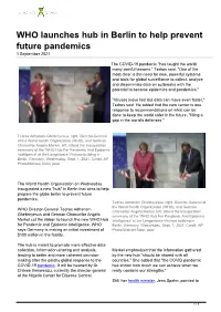 WHO Launches Hub in Berlin to Help Prevent Future Pandemics 1 September 2021