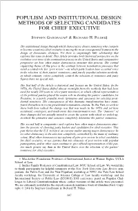 Populism and Institutional Design: Methods of Selecting Candidates for Chief Executive