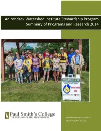 Adirondack Watershed Institute Stewardship Program Summary of Programs and Research 2014