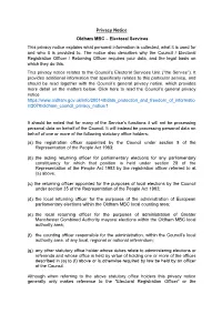 Electoral Services This Privacy Notice Explains What Personal Information Is Collected, What It Is Used for and Who It Is Provided To