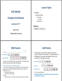 Lecture Topics RAW Hazards Stall Penalty